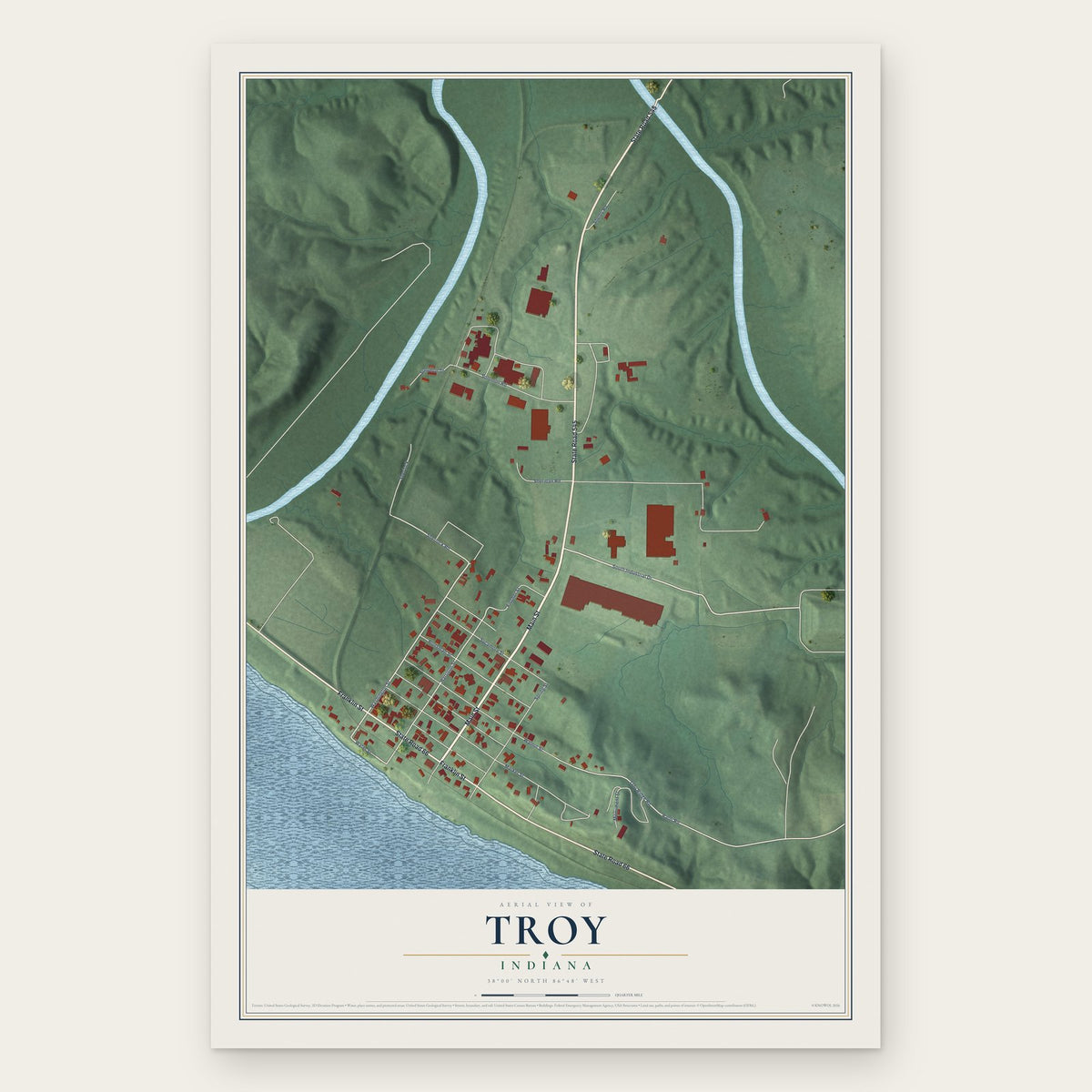 Troy, Indiana map print, the full design