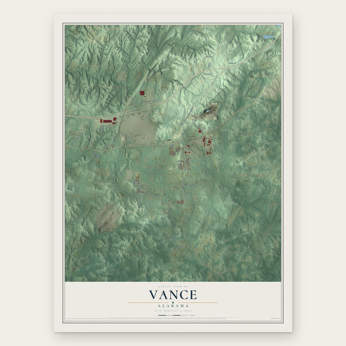 Vance, Alabama map print, the full design