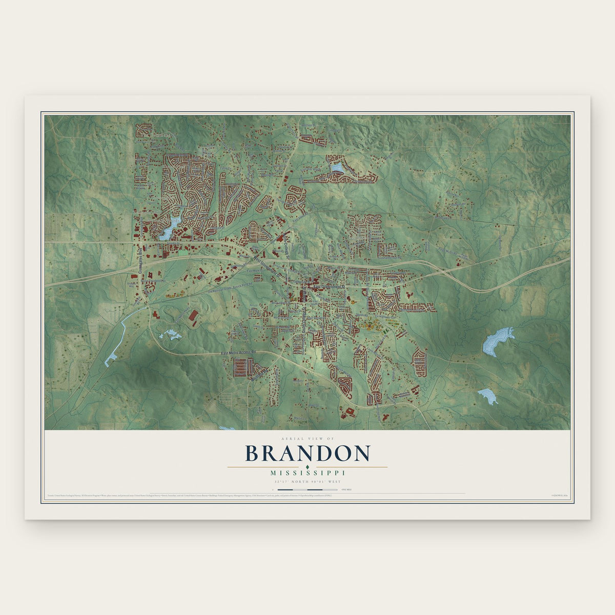Brandon, Mississippi map print, the full design