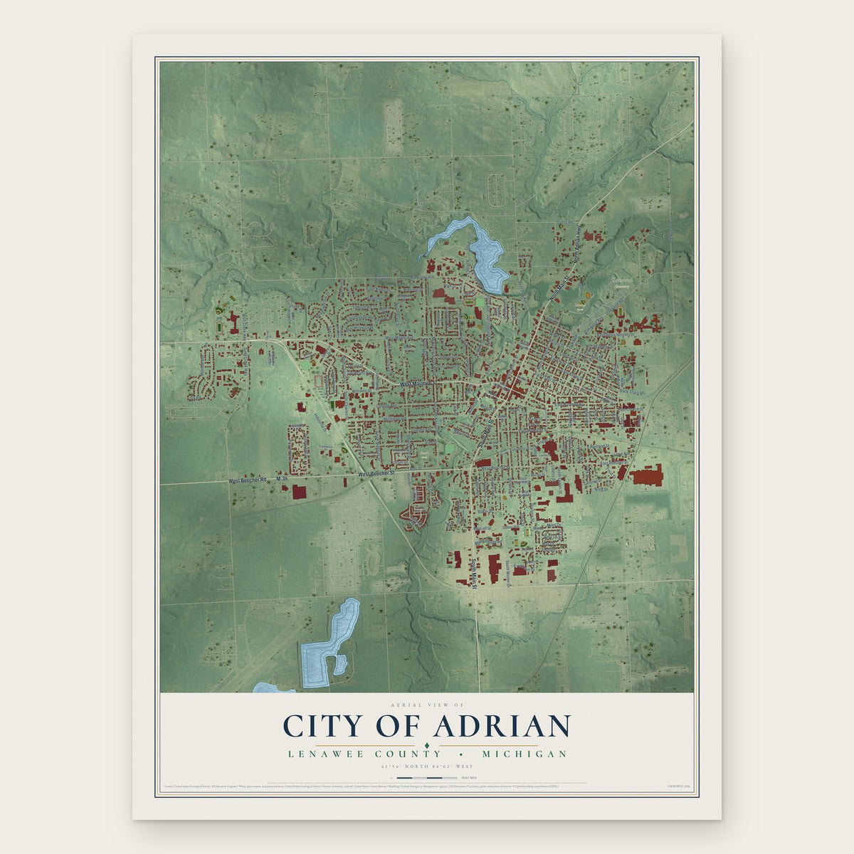 Adrian, Michigan map print, the full design