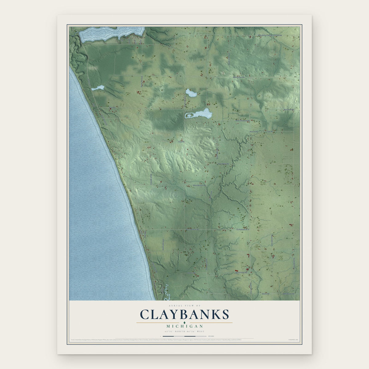 Claybanks, Michigan map print, the full design