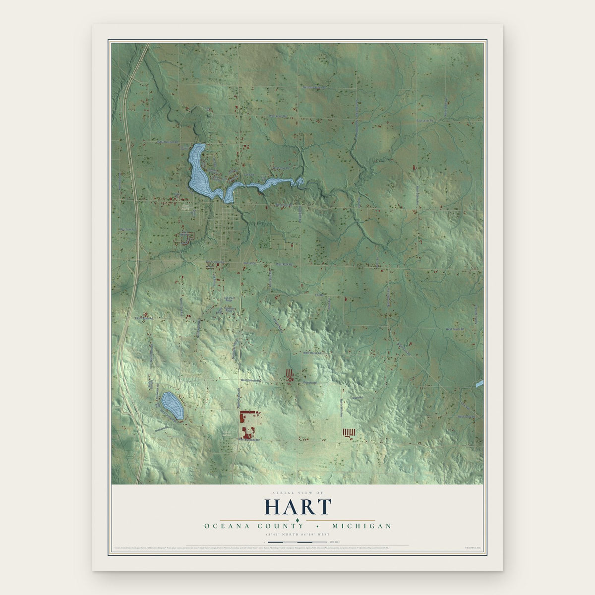 Hart, Oceana County, Michigan map print, the full design