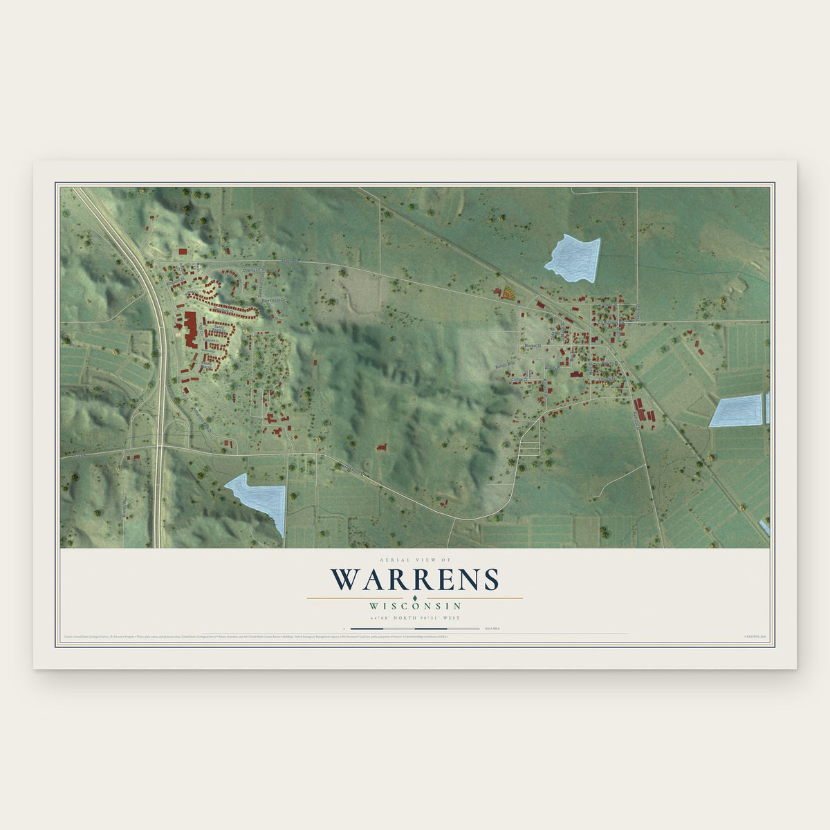 Warrens, Wisconsin map print, the full design