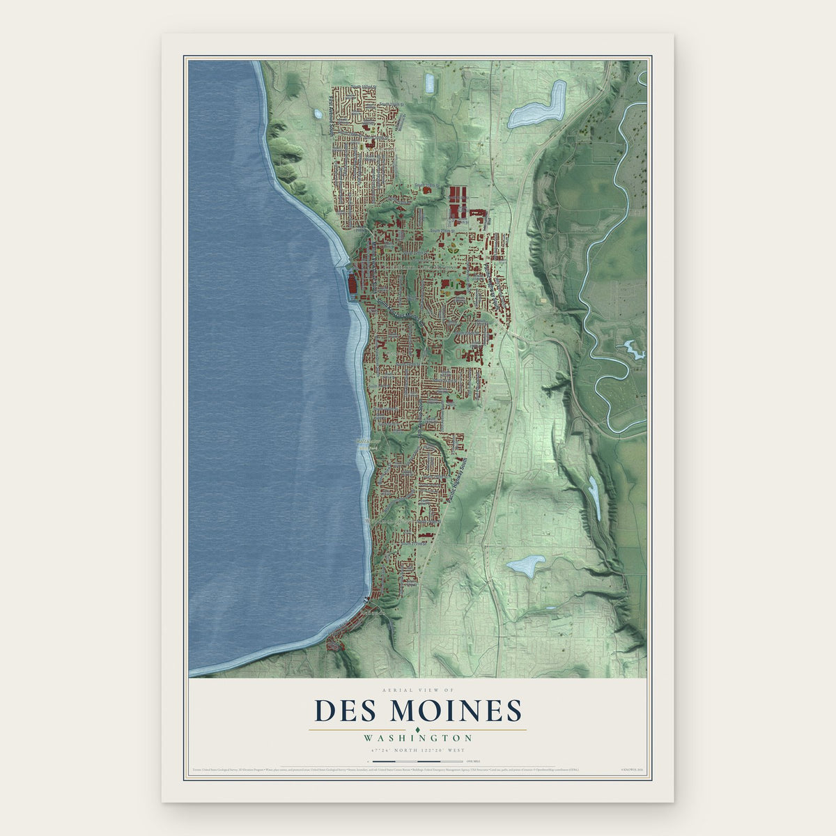 Des Moines, Washington map print, the full design