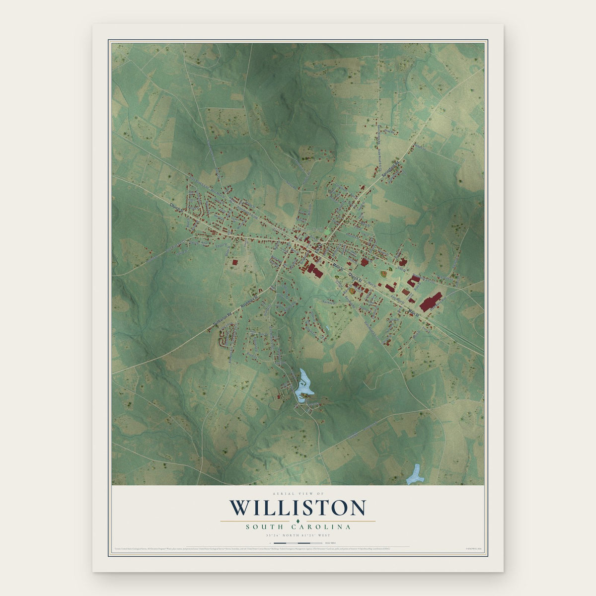 Williston, South Carolina map print, the full design