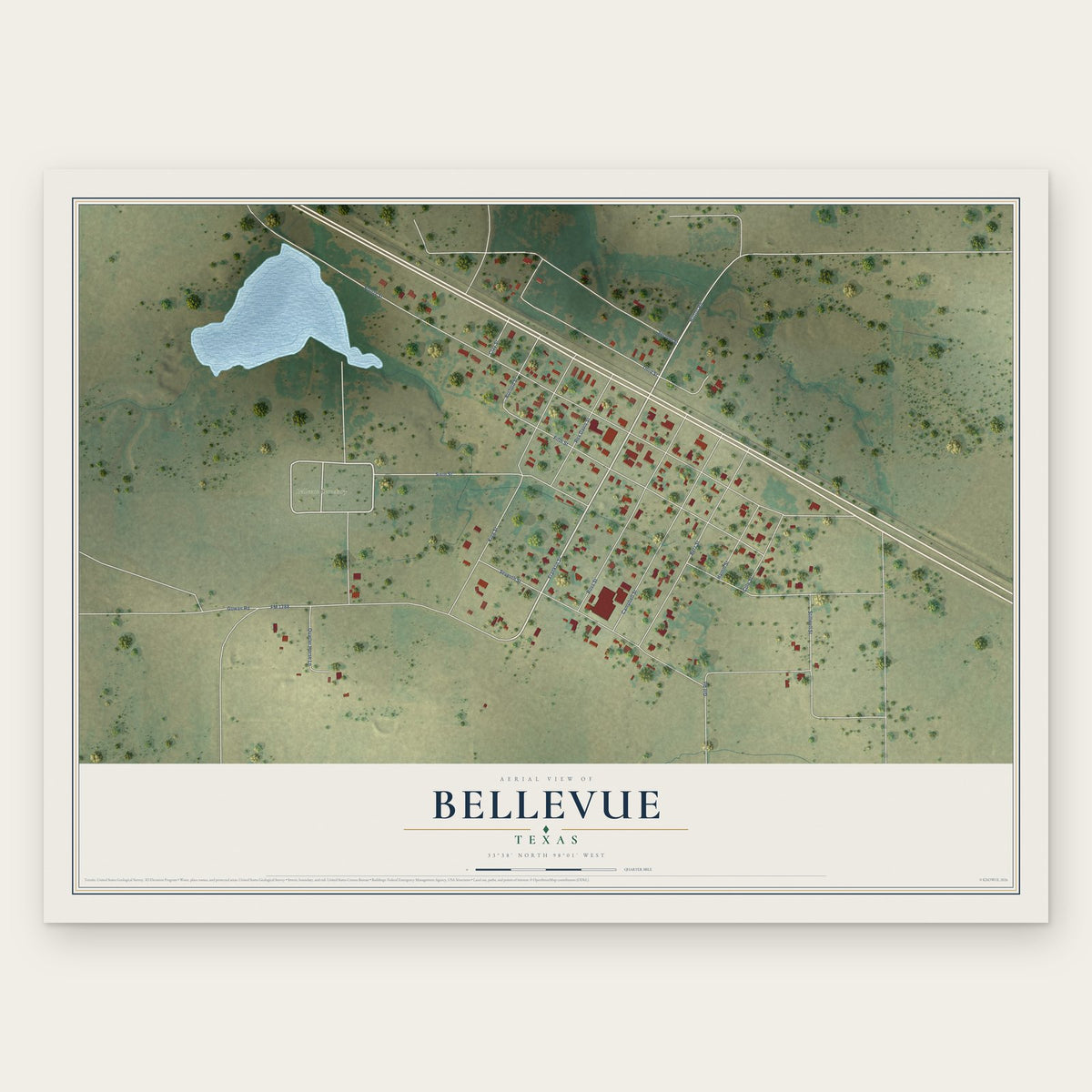 Bellevue, Texas map print, the full design