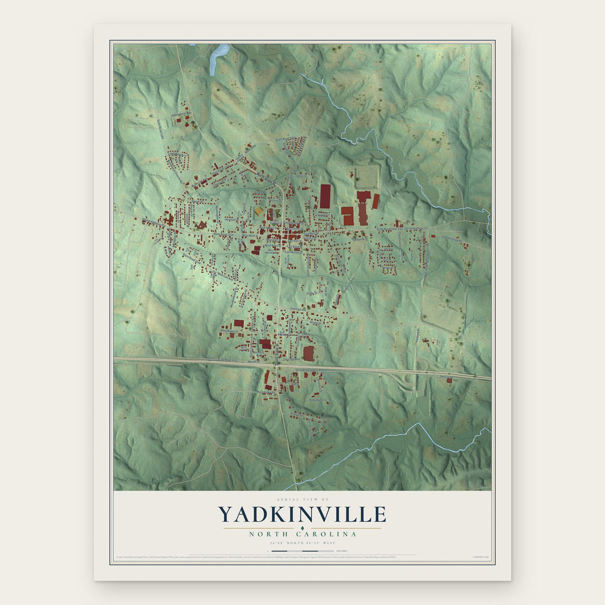 Yadkinville, North Carolina map print, the full design