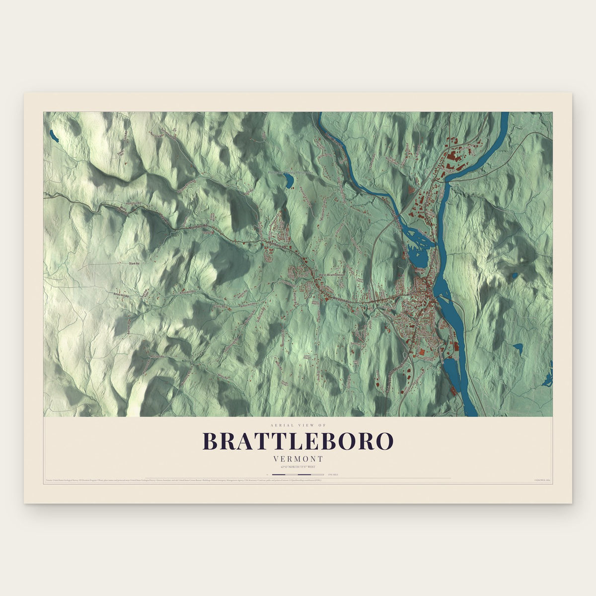 Brattleboro, Vermont map print, the full design