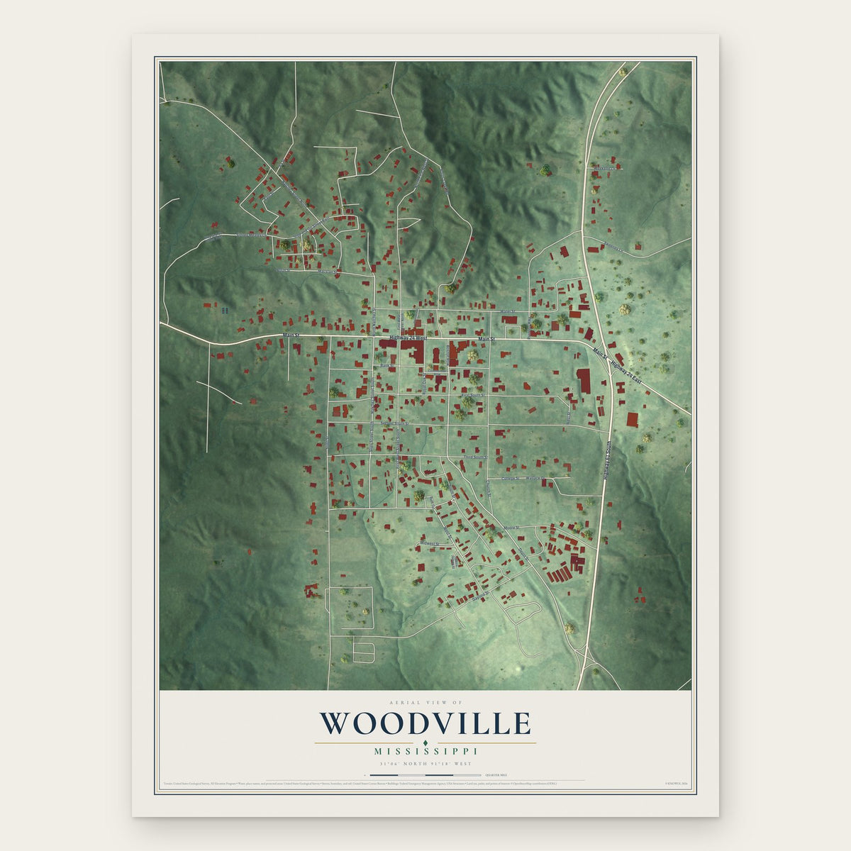 Woodville, Mississippi map print, the full design