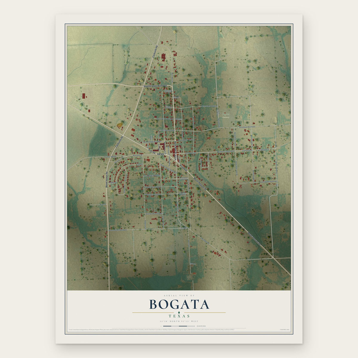 Bogata, Texas map print, the full design
