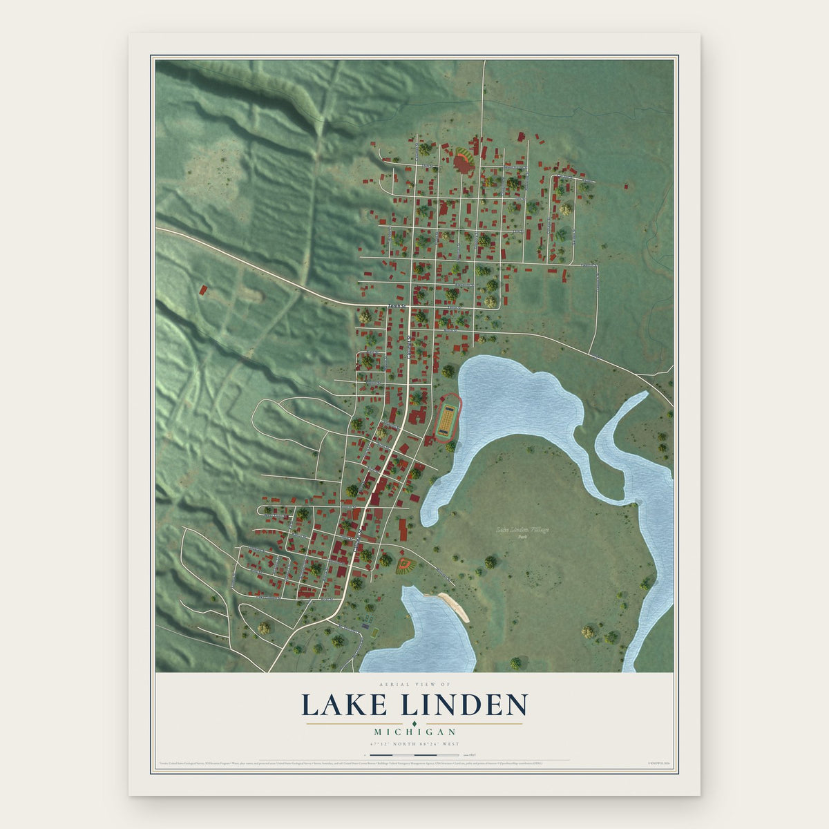 Lake Linden, Michigan map print, the full design