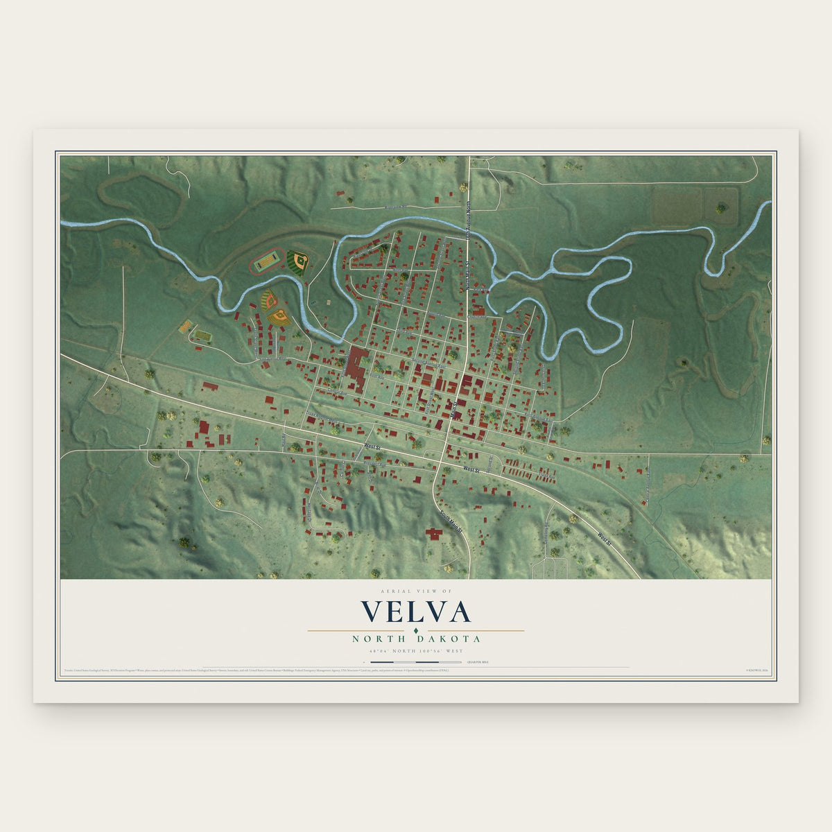 Velva, North Dakota map print, the full design
