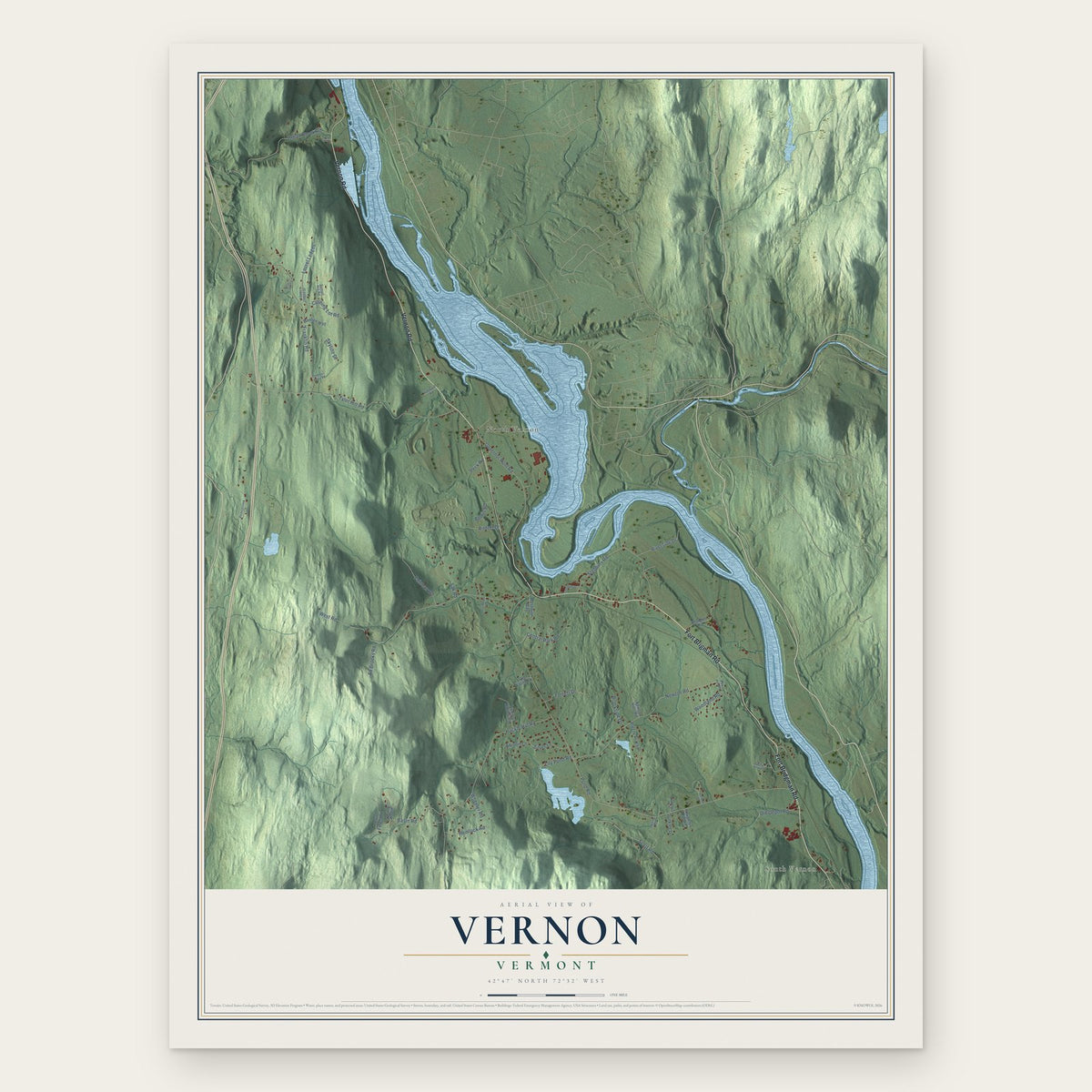 Vernon, Vermont map print, the full design