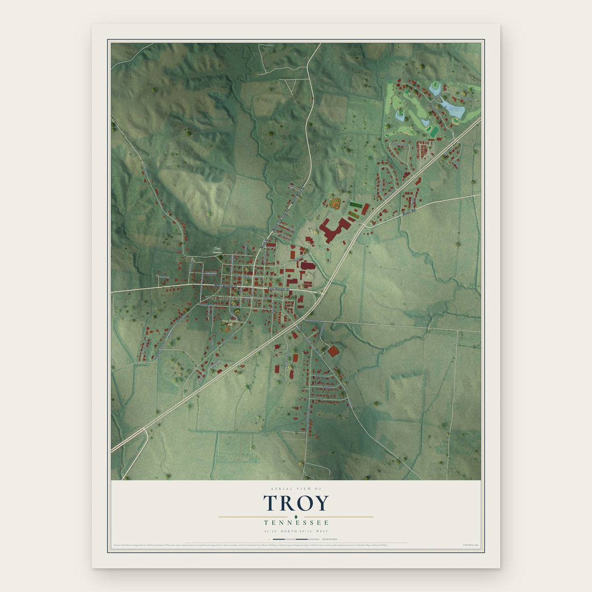 Troy, Tennessee map print, the full design