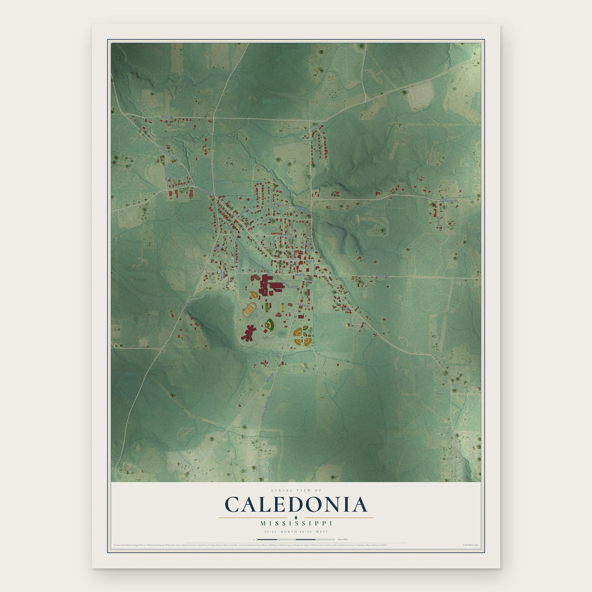 Caledonia, Mississippi map print, the full design