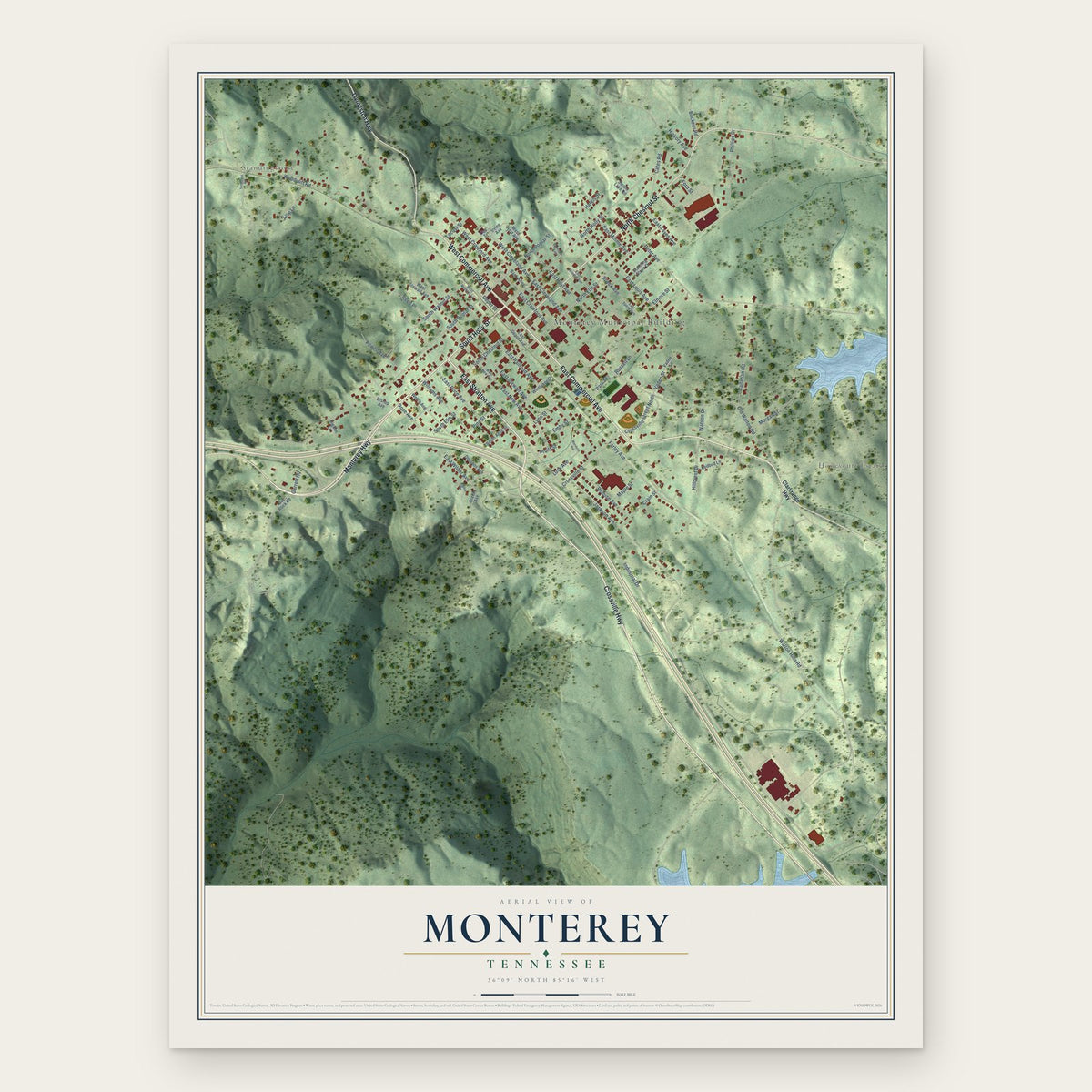 Monterey, Tennessee map print, the full design
