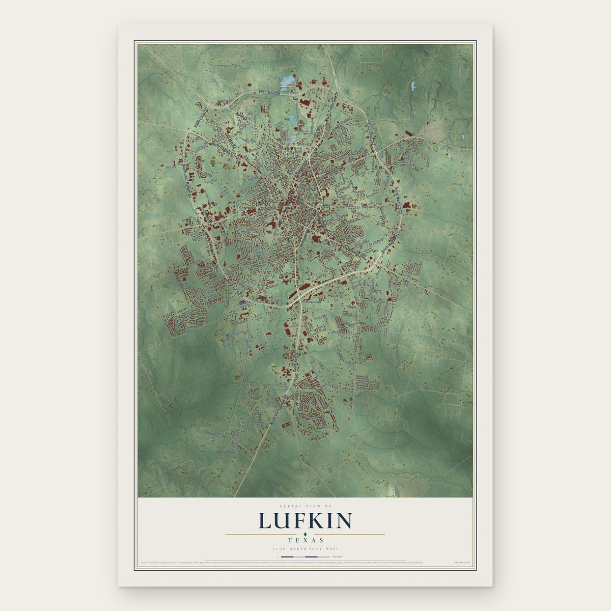 Lufkin, Texas map print, the full design