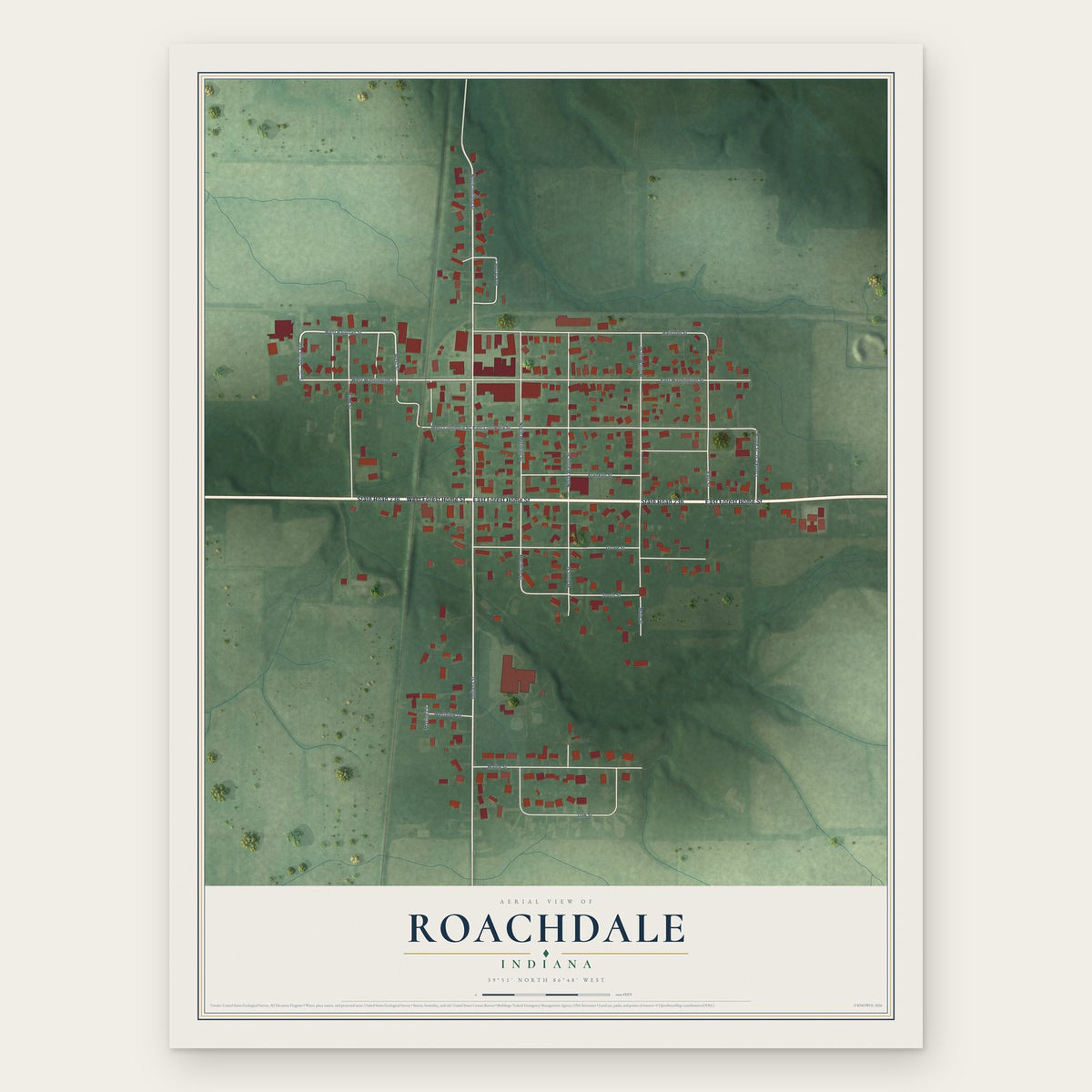 Roachdale, Indiana map print, the full design