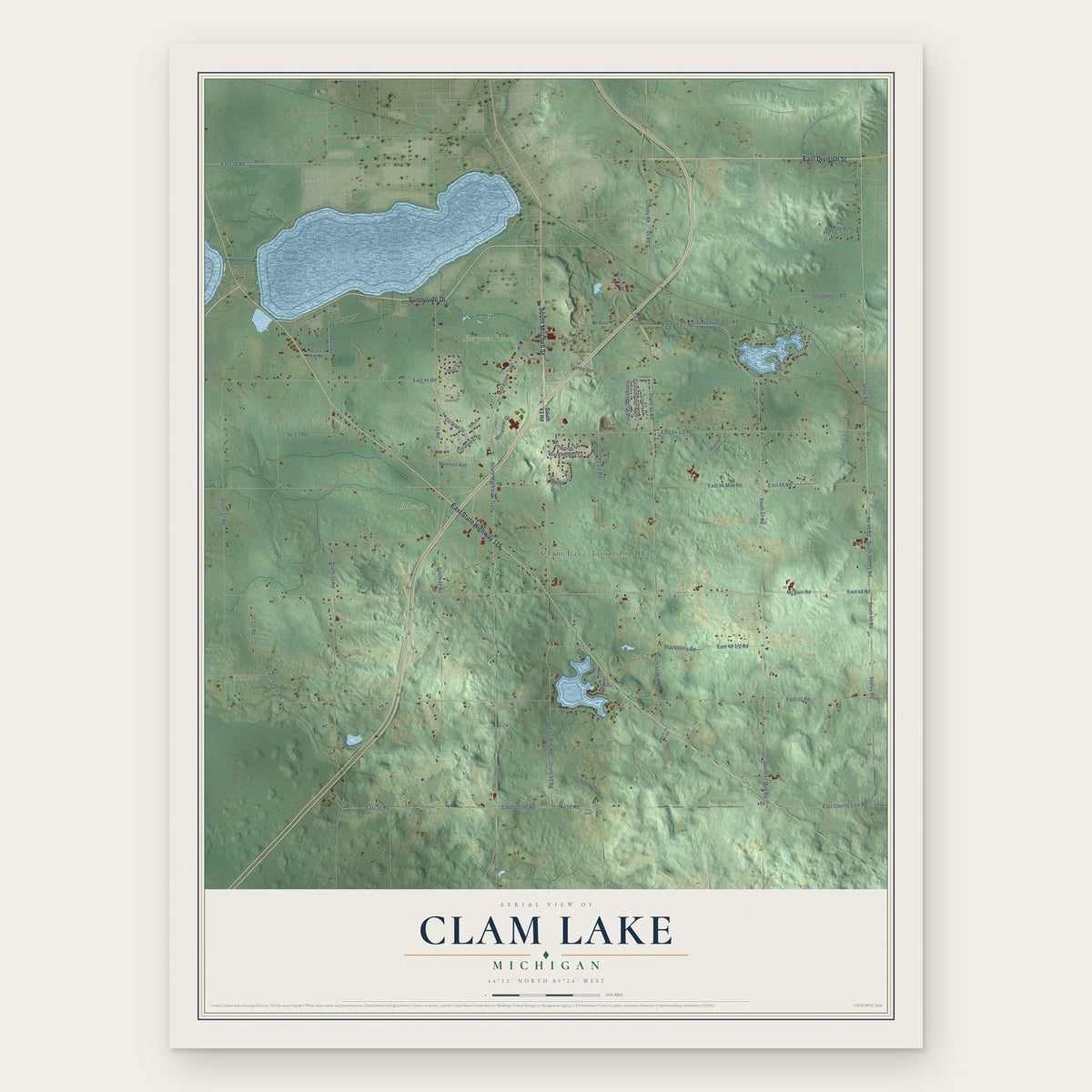 Clam Lake, Michigan map print, the full design