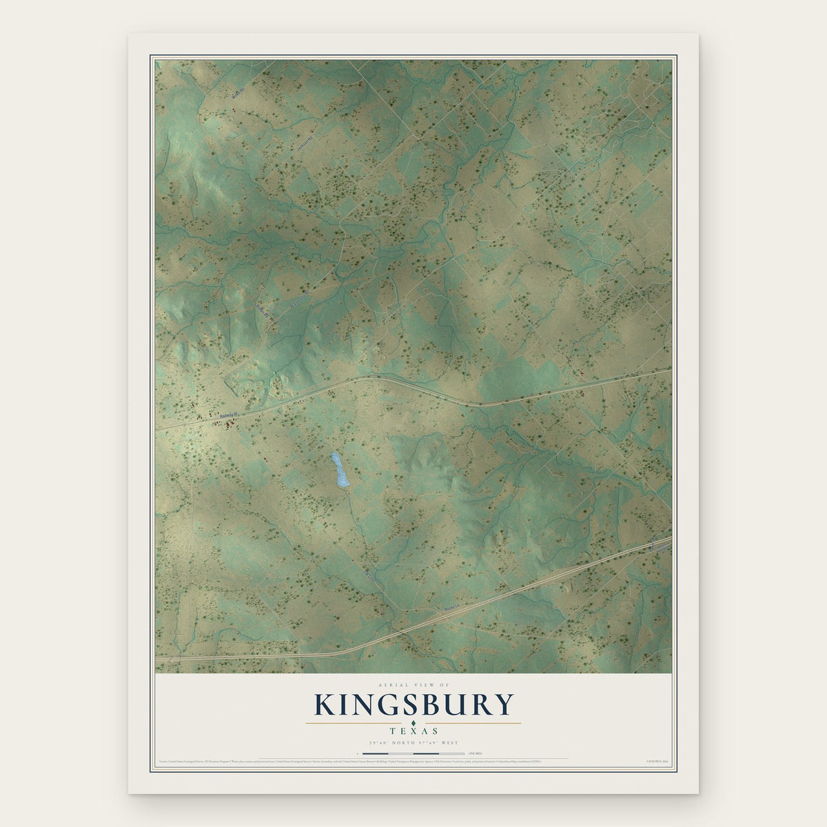 Kingsbury, Texas map print, the full design