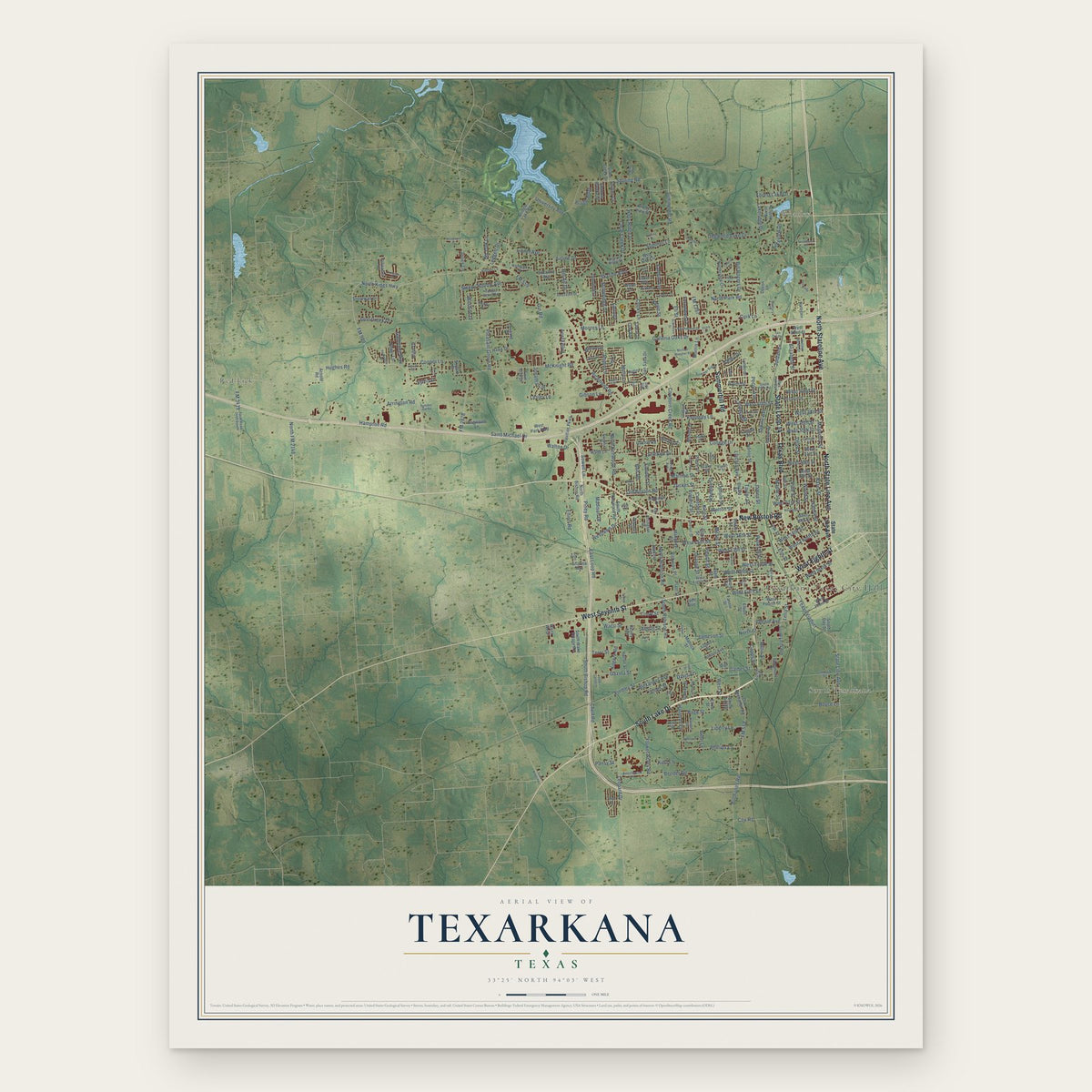 Texarkana, Texas map print, the full design