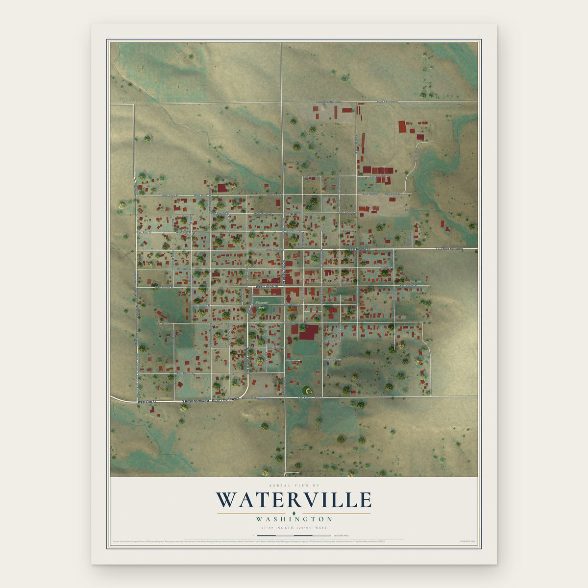 Waterville, Washington map print, the full design