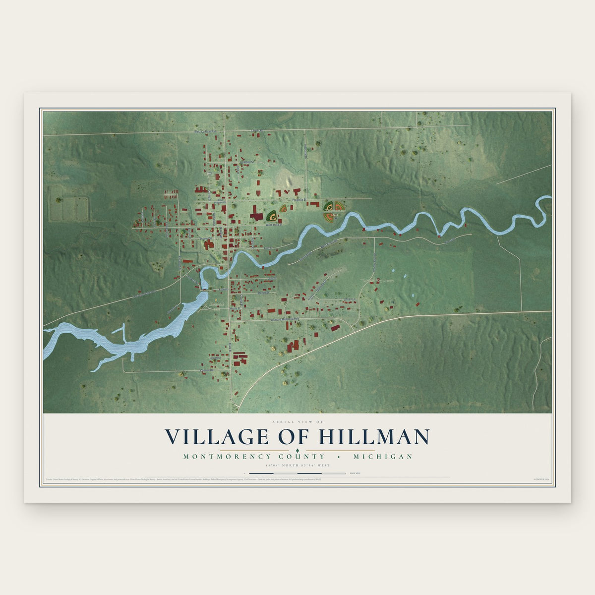 Hillman, Michigan map print, the full design