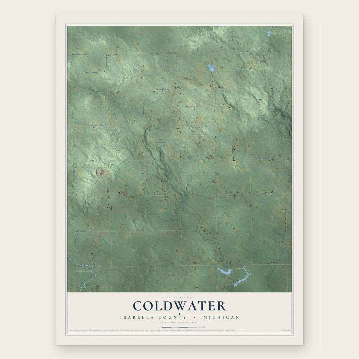 Coldwater, Isabella County, Michigan map print, the full design