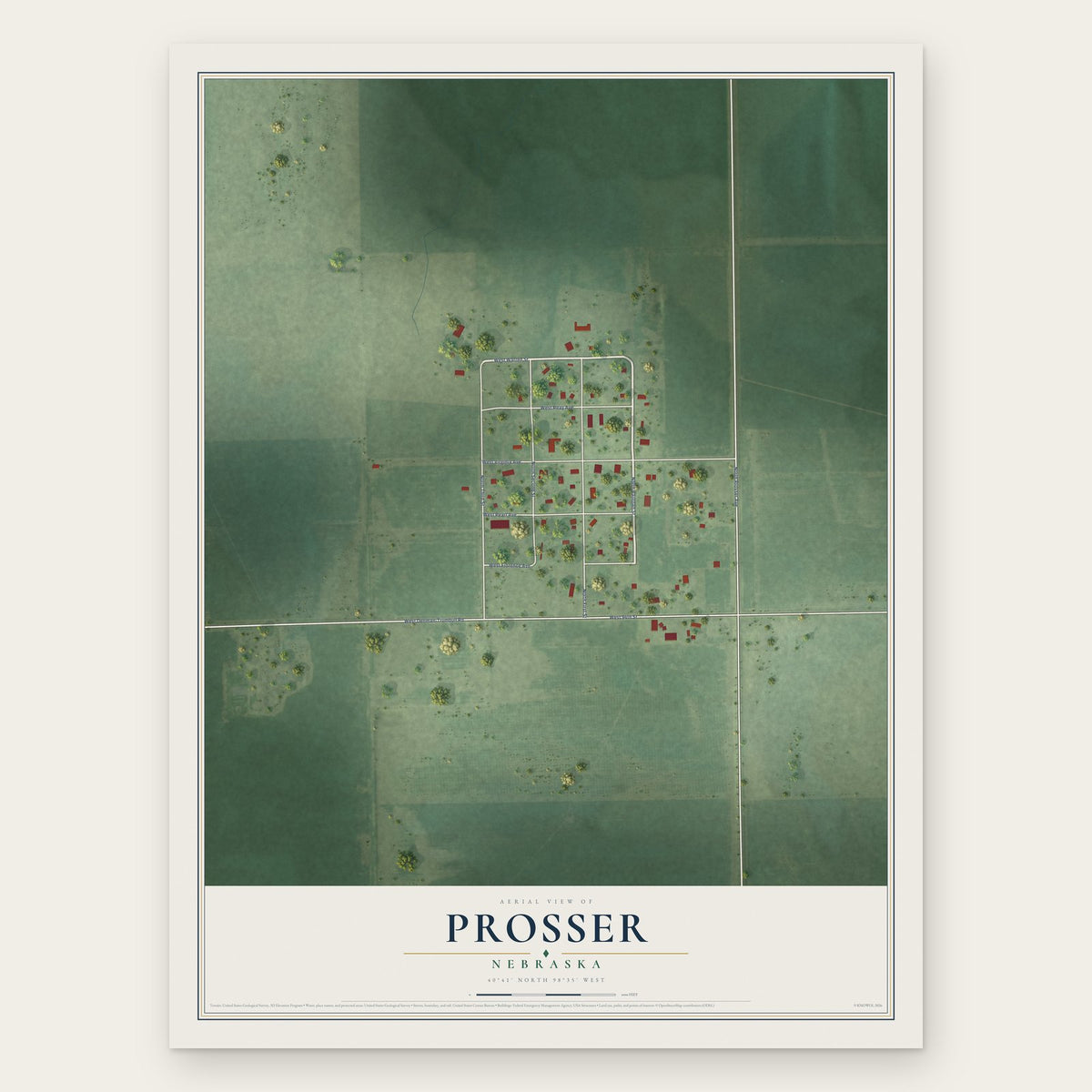 Prosser, Nebraska map print, the full design