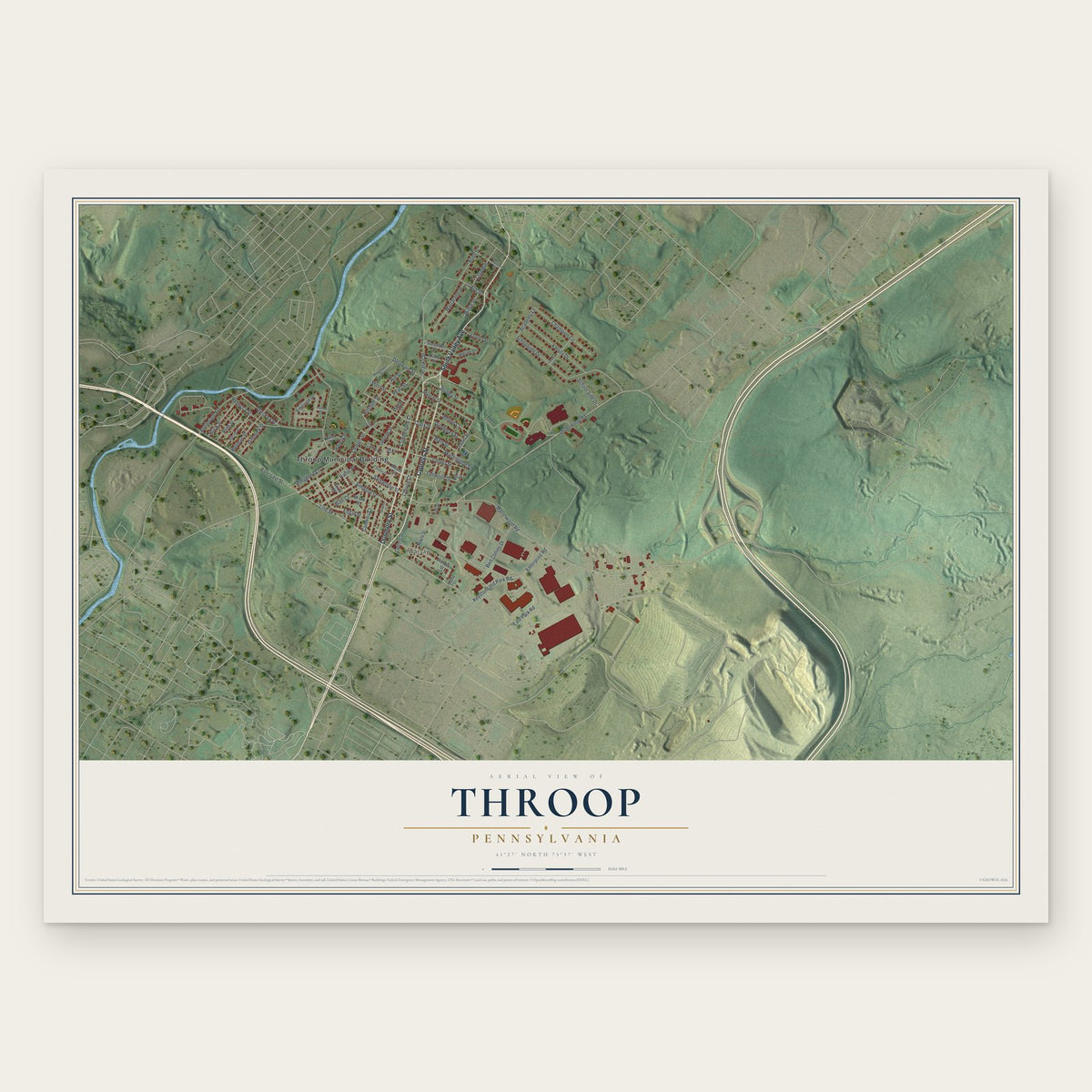 Throop, Pennsylvania map print, the full design
