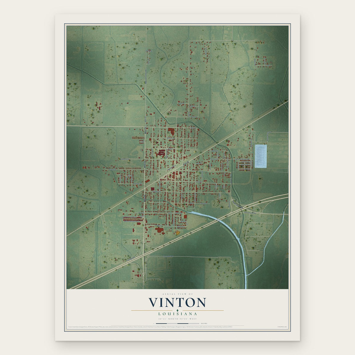 Vinton, Louisiana map print, the full design
