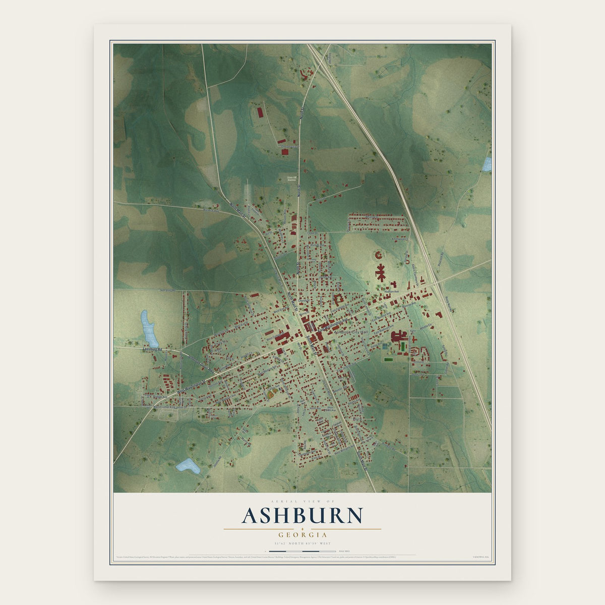Ashburn, Georgia map print, the full design