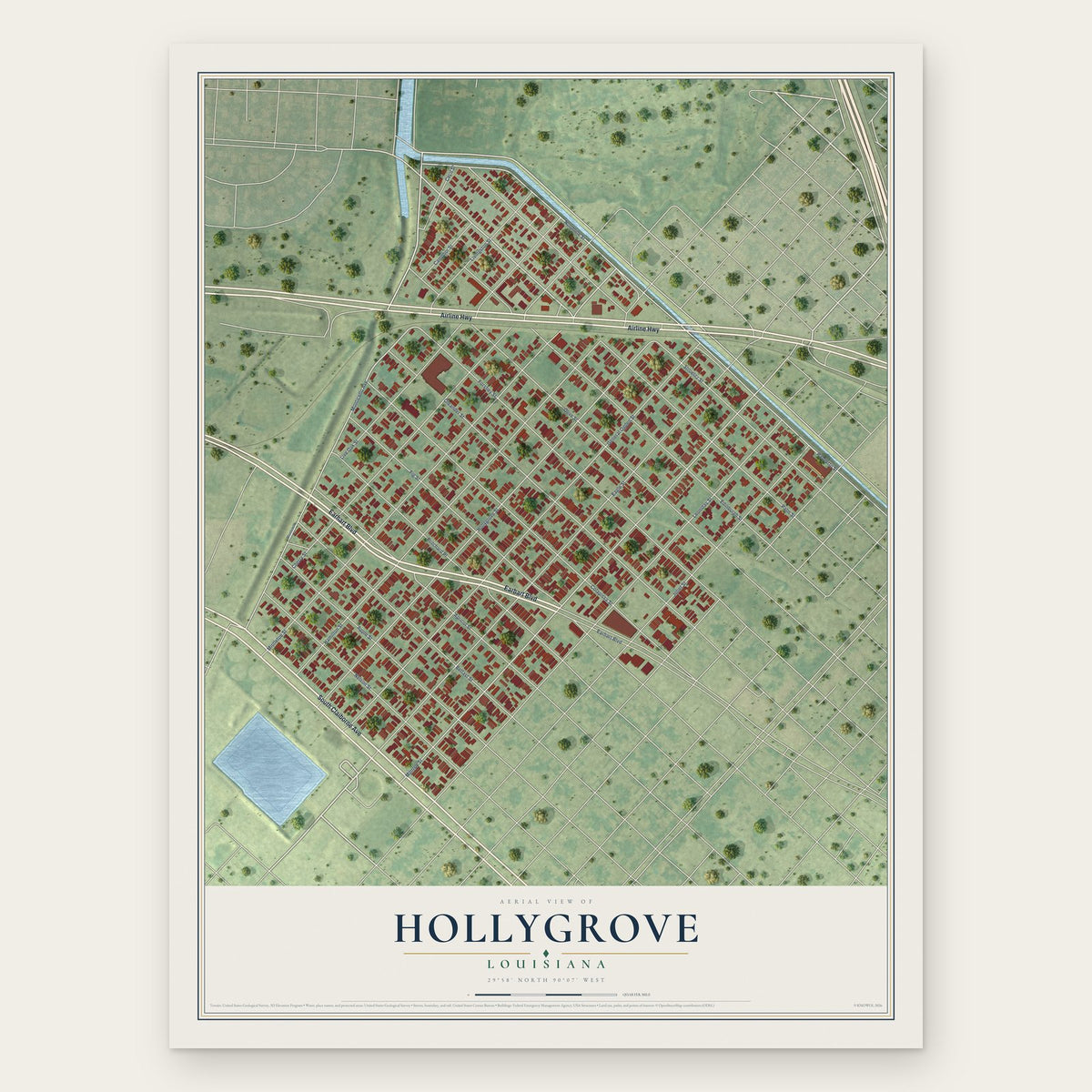 Hollygrove, Louisiana map print, the full design