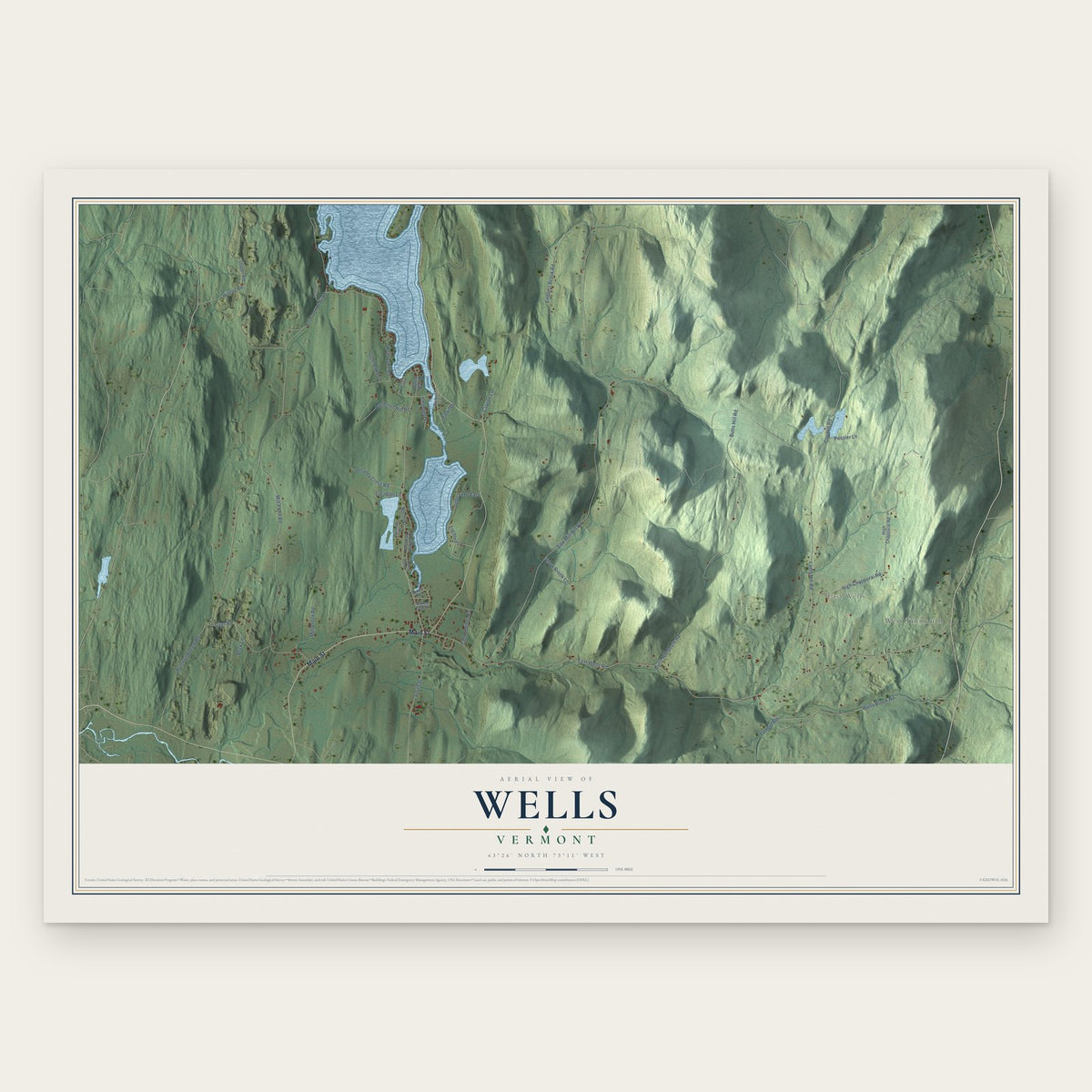 Wells, Vermont map print, the full design