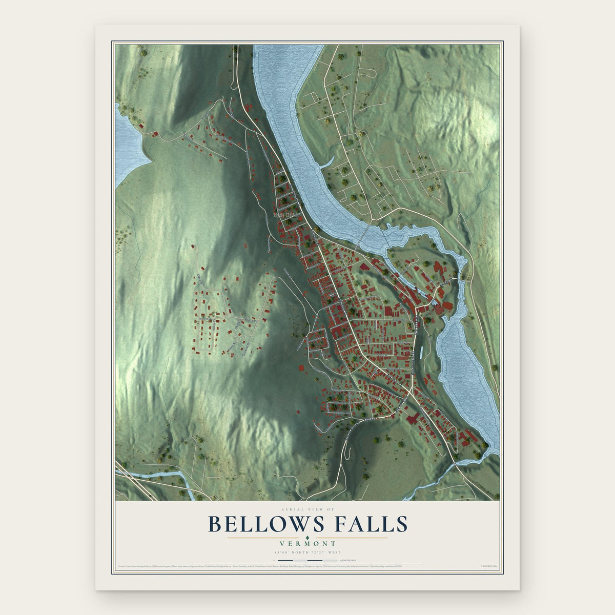 Bellows Falls, Vermont map print, the full design