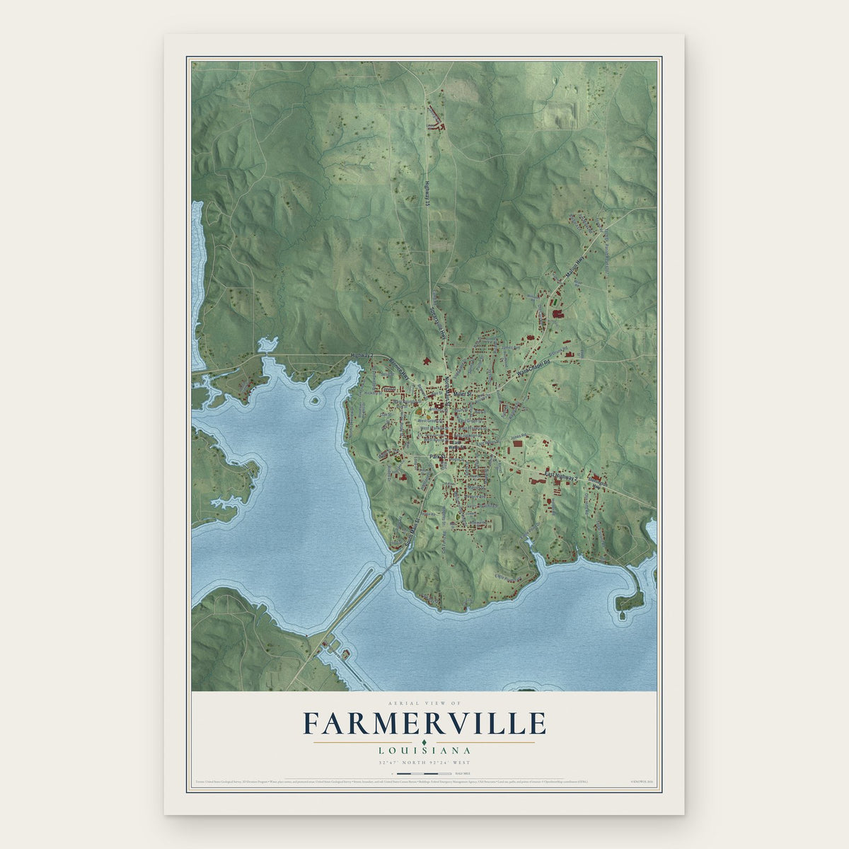 Farmerville, Louisiana map print, the full design