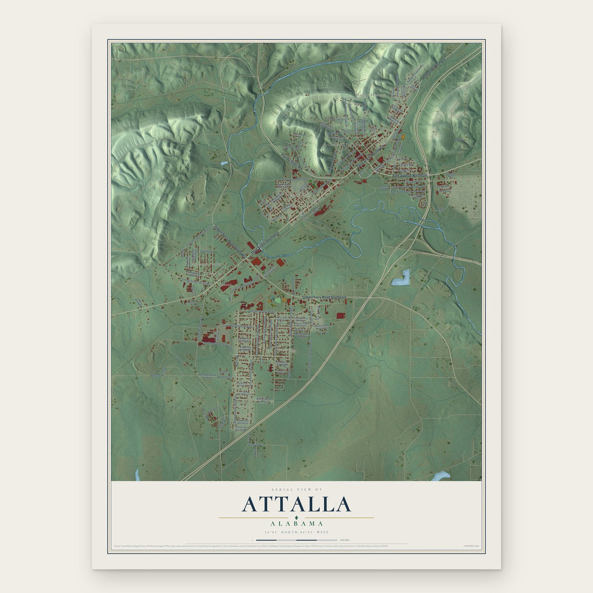 Attalla, Alabama map print, the full design