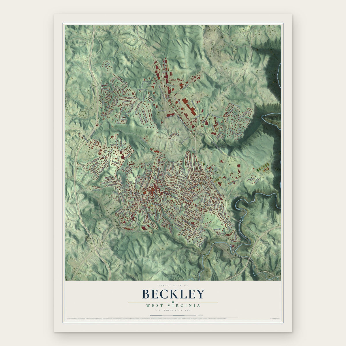 Beckley, West Virginia map print, the full design
