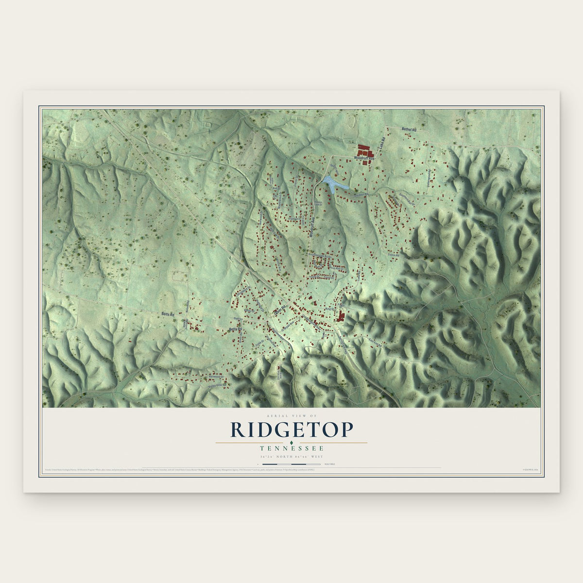 Ridgetop, Tennessee map print, the full design