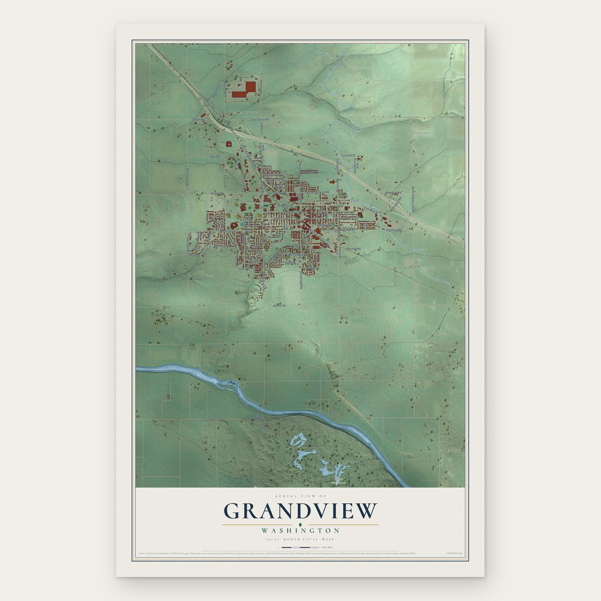 Grandview, Washington map print, the full design