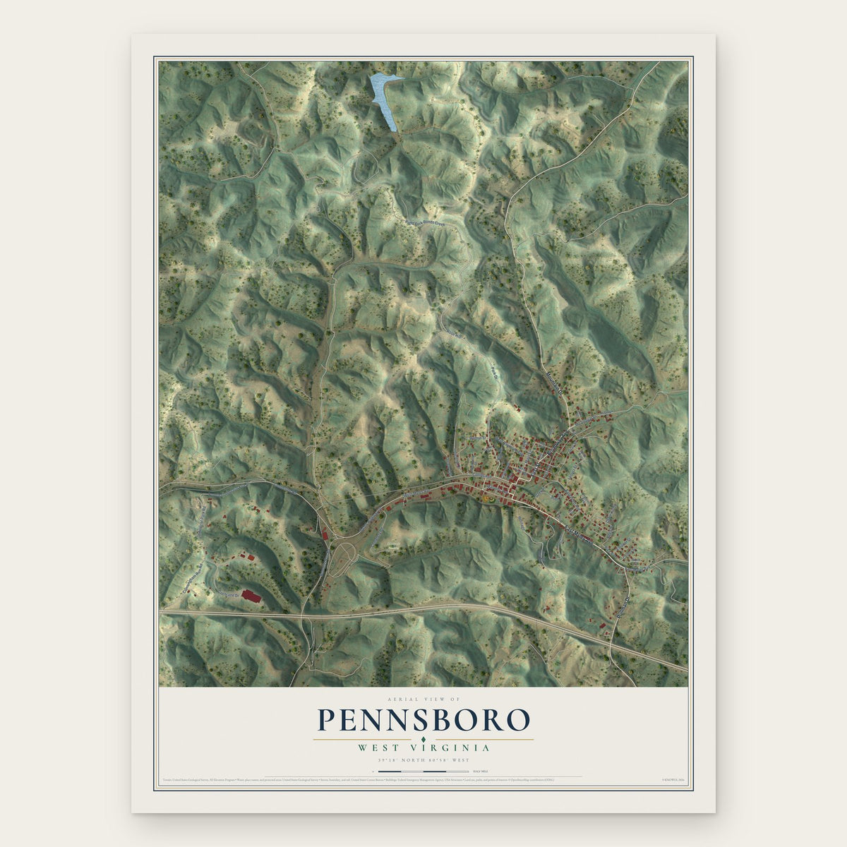 Pennsboro, West Virginia map print, the full design