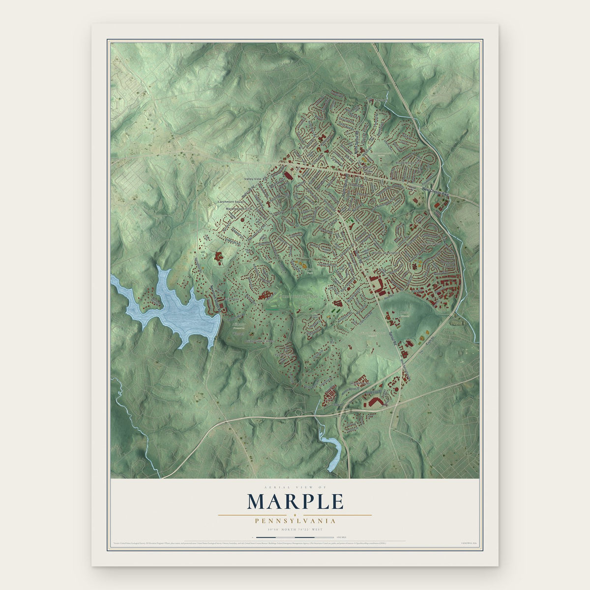 Marple, Pennsylvania map print, the full design