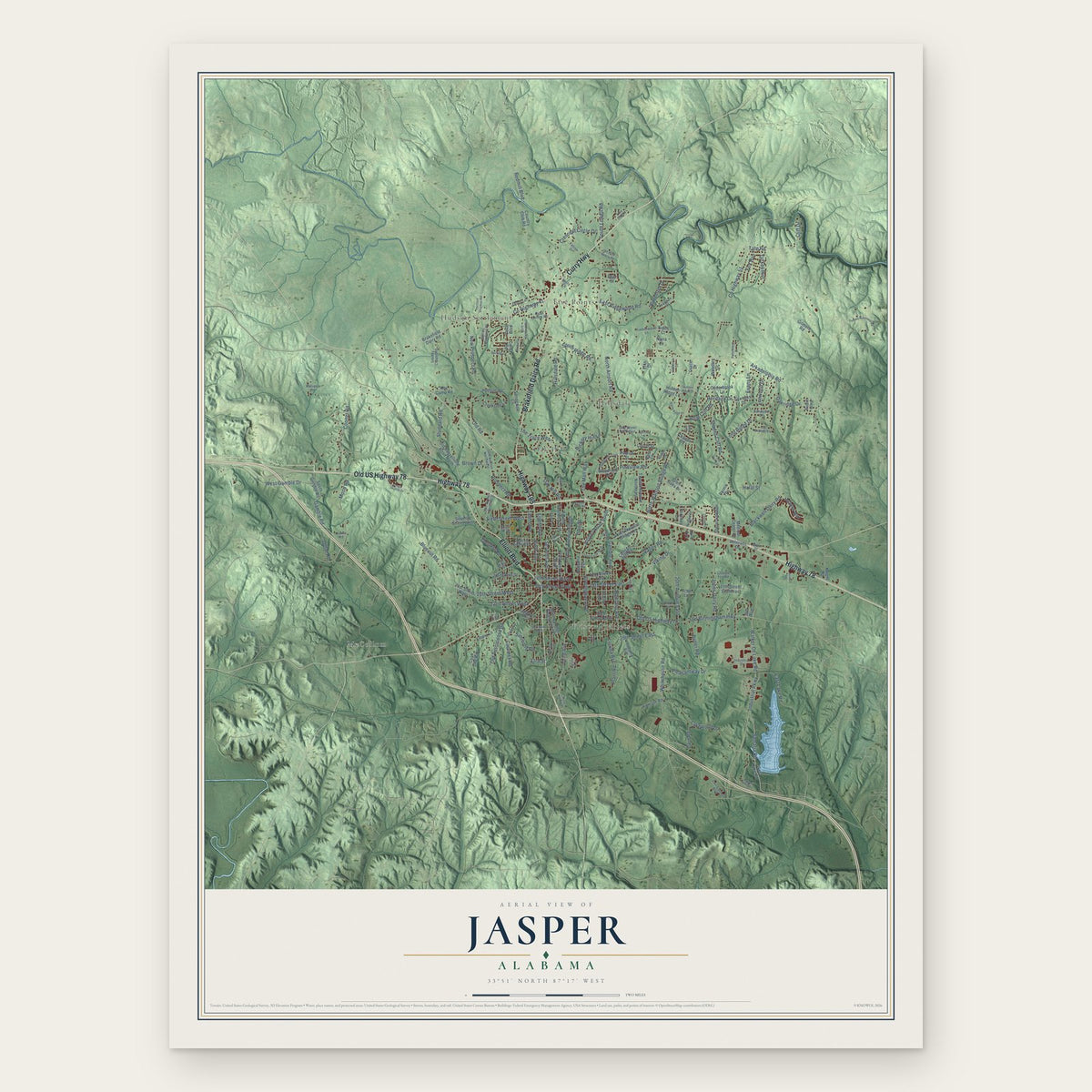Jasper, Alabama map print, the full design
