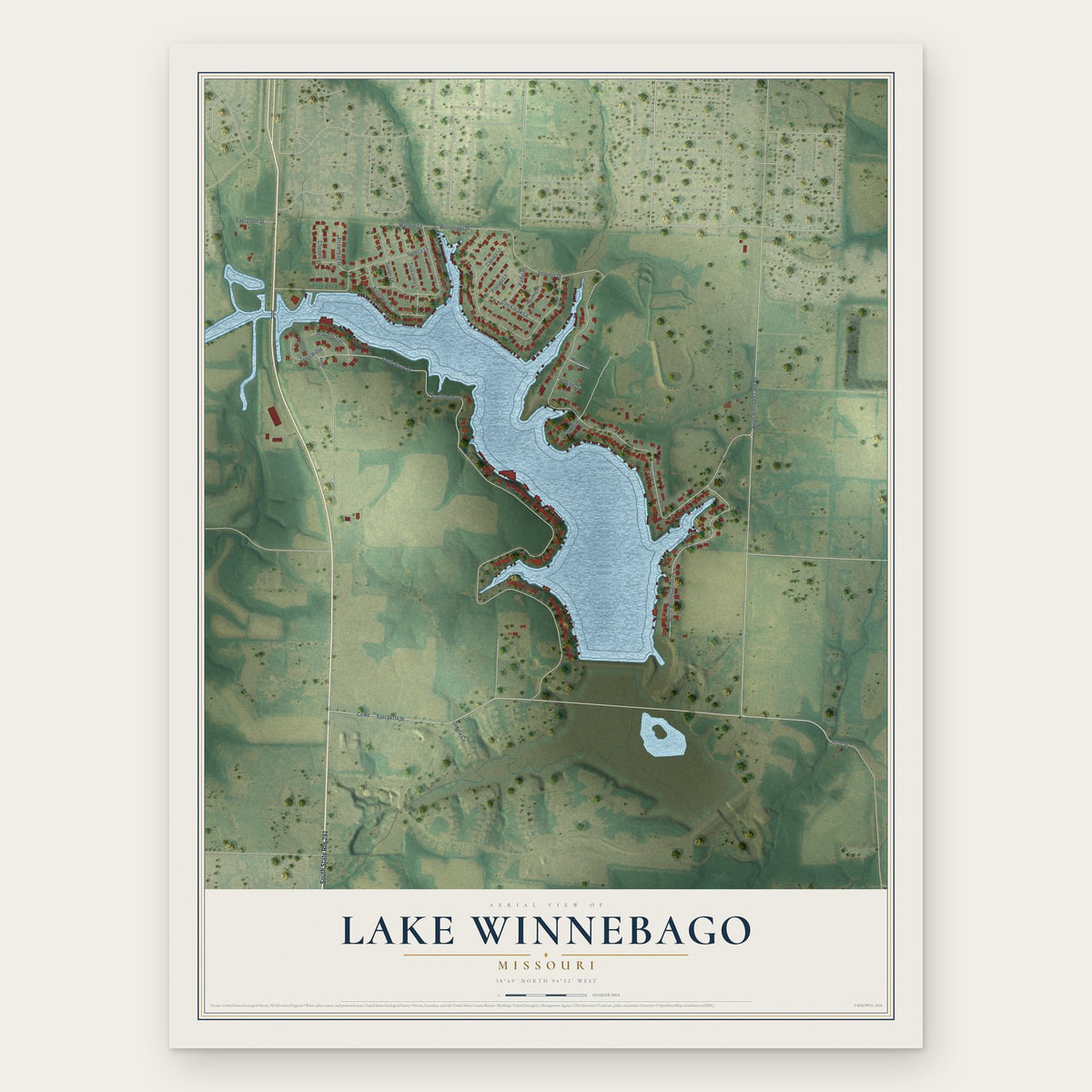 Lake Winnebago, Missouri map print, the full design