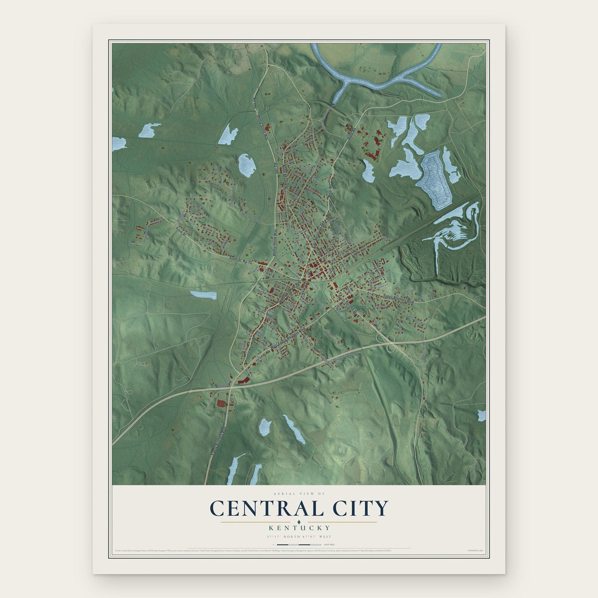 Central City, Kentucky map print, the full design