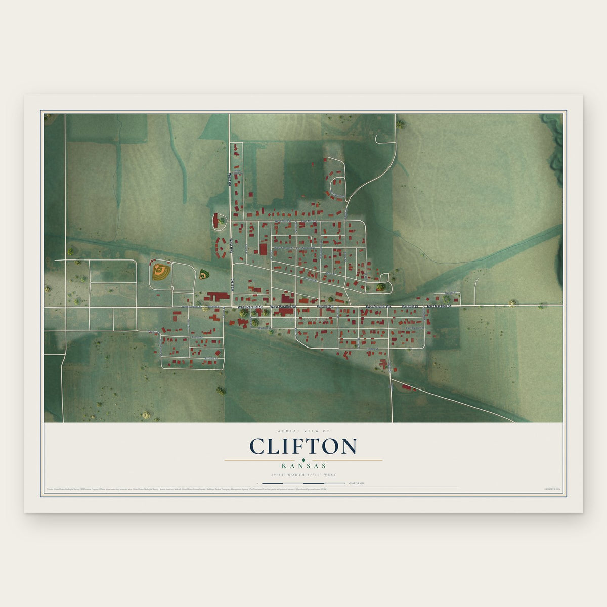 Clifton, Kansas map print, the full design