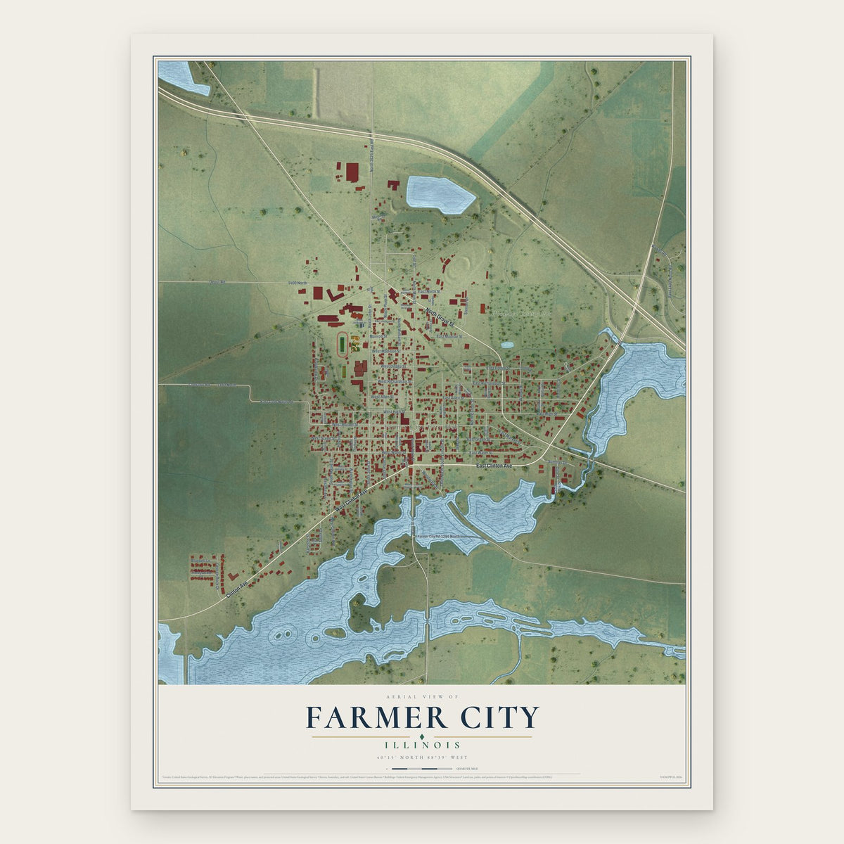 Farmer City, Illinois map print, the full design