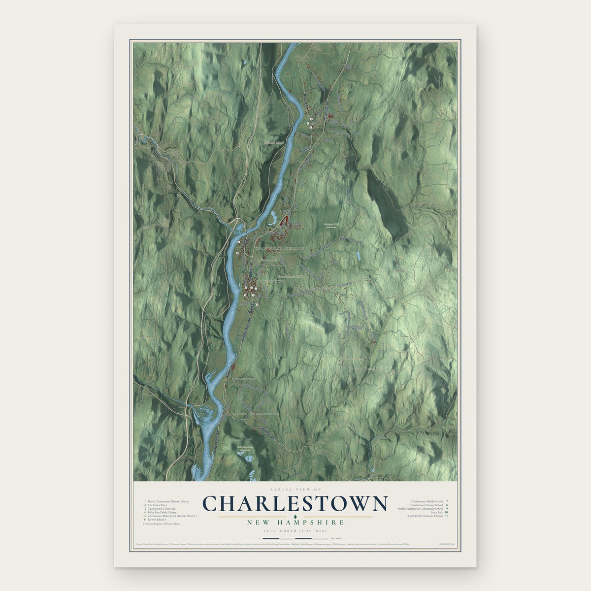 Charlestown, New Hampshire map print, the full design
