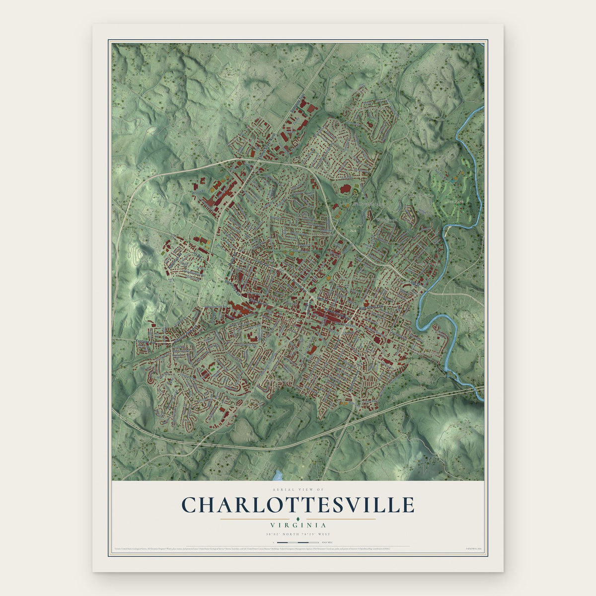 Charlottesville, Virginia map print, the full design