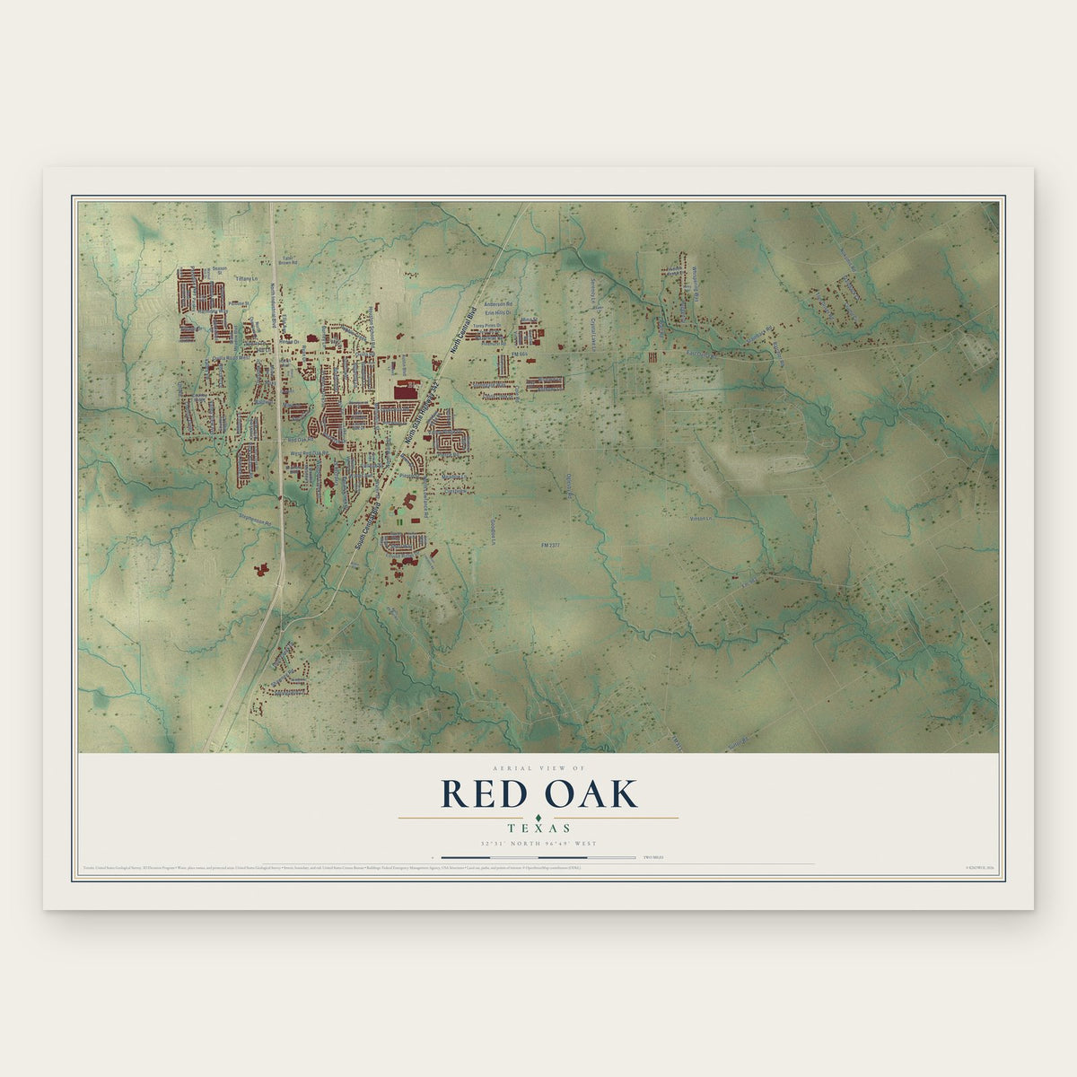 Red Oak, Texas map print, the full design